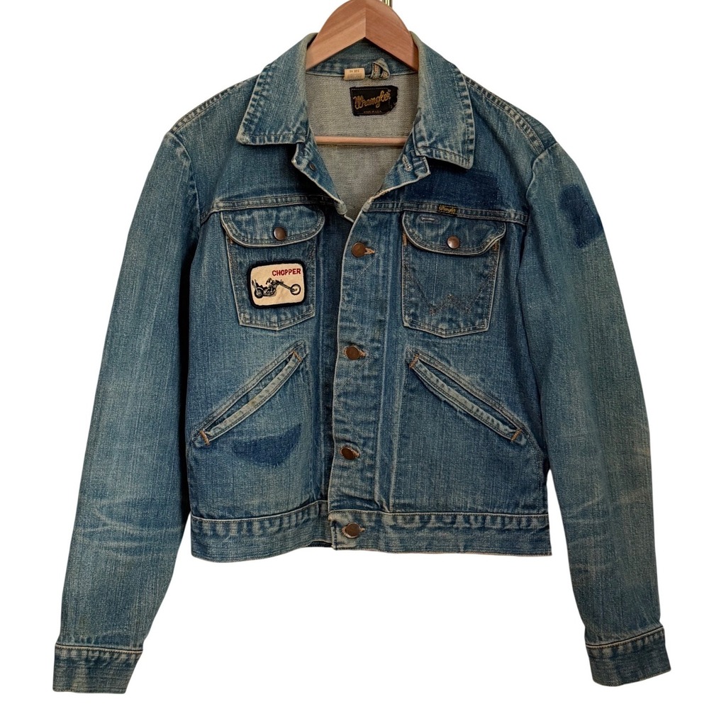 Vintage 70s Wrangler Trucker Denim Jacket Mens Size 40 Blue Chopper Patches USA